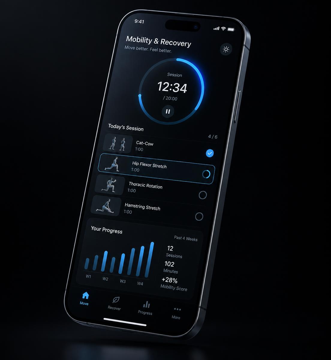 Cyclone Flow app showing a guided mobility session and progress tracking